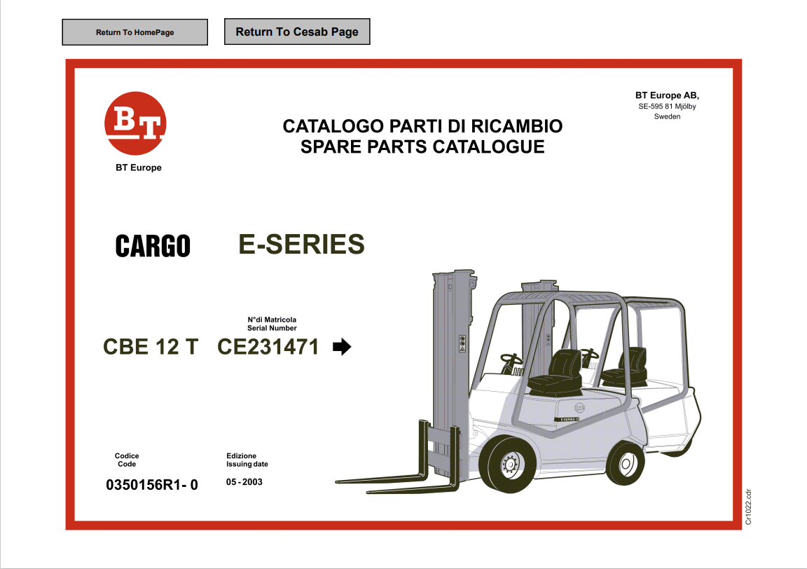 BT FORKLIFT CBE 12 T CARGO E-SERIES SPARE PARTS CATALOGUE MANUAL PDF