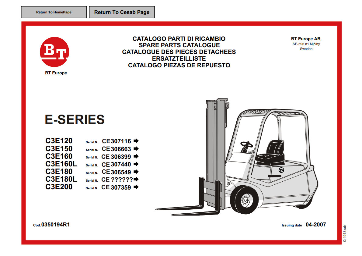 BT FORKLIFT E-SERIES C3E120, C3E150, C3E160, C3E160L, C3E180, C3E180L, C3E200 SPARE PARTS CATALOGUE MANUAL PDF