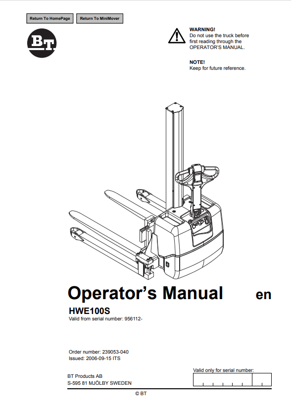 BT FORKLIFT HWE100S OPERATOR MANUAL PDF