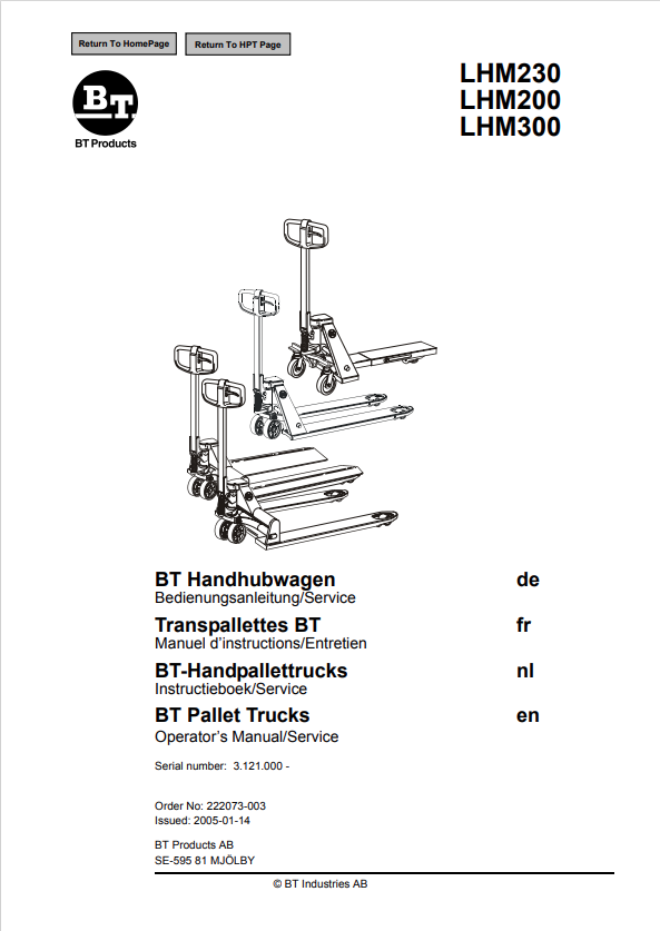 BT FORKLIFT LHM230, LHM200, LHM300 OPERATOR MANUAL PDF