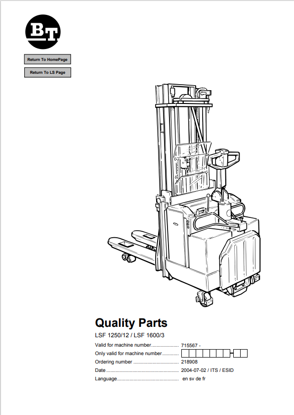 BT FORKLIFT LSF 1250, 12, LSF 1600, 3 QUALITY PARTS MANUAL PDF