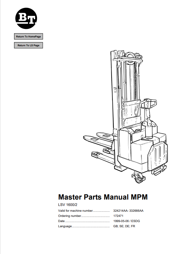 BT FORKLIFT LSV 1600, 2 QUALITY PARTS MANUAL PDF
