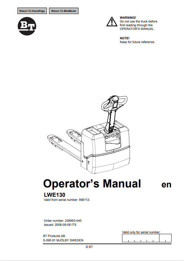 BT FORKLIFT LWE130 OPERATOR MANUAL PDF