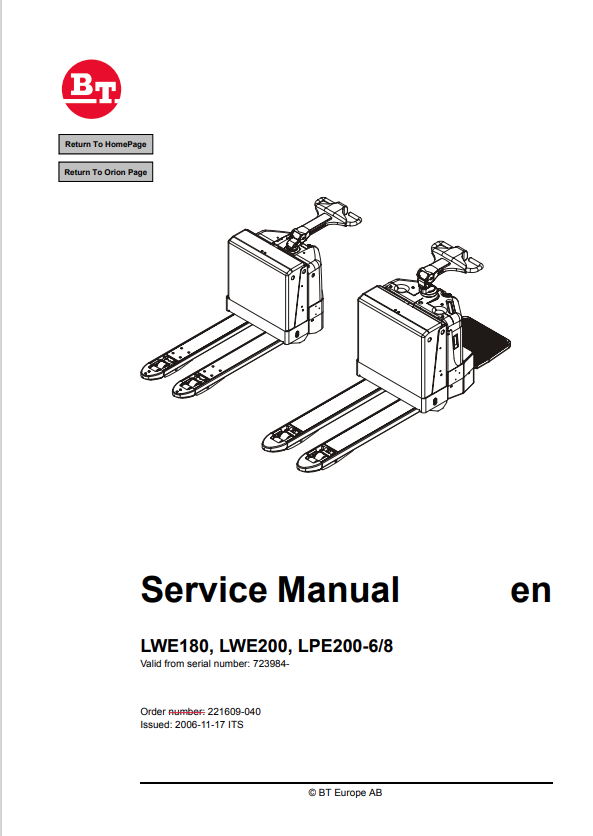 BT FORKLIFT LWE180, LWE200, LPE200-6/8 SERVICE MANUAL PDF