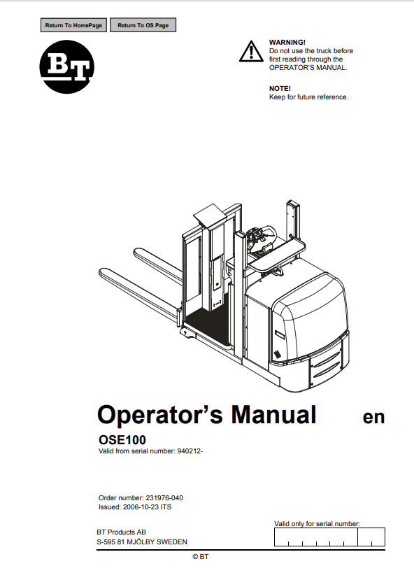 BT FORKLIFT OSE100 OPERATOR MANUAL PDF