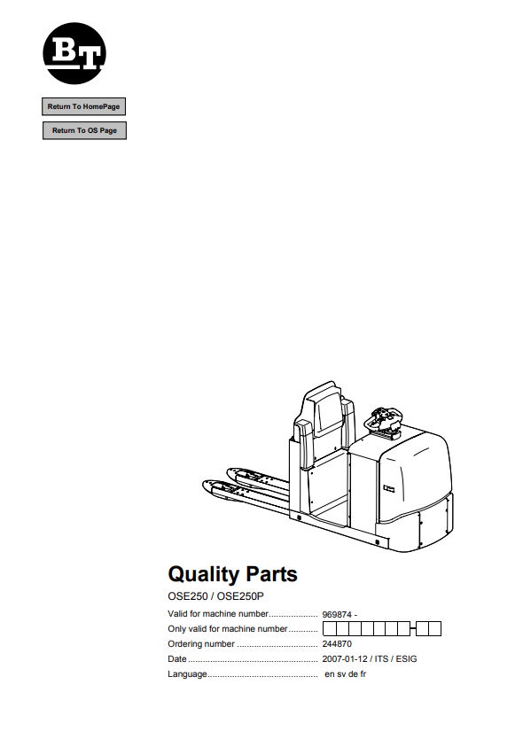 BT FORKLIFT OSE250, OSE250P QUALITY PARTS MANUAL PDF