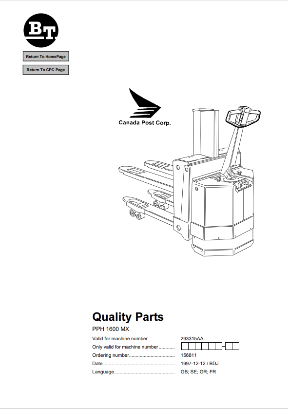 BT FORKLIFT PPH 1600 MX QUALITY PARTS MANUAL PDF
