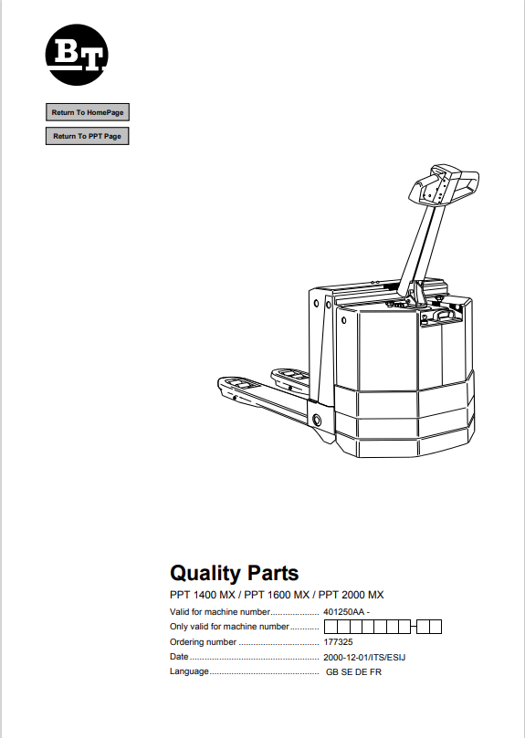 BT FORKLIFT PPT 1400 MX, PPT 1600 MX, PPT 2000 MX QUALITY PARTS MANUAL PDF