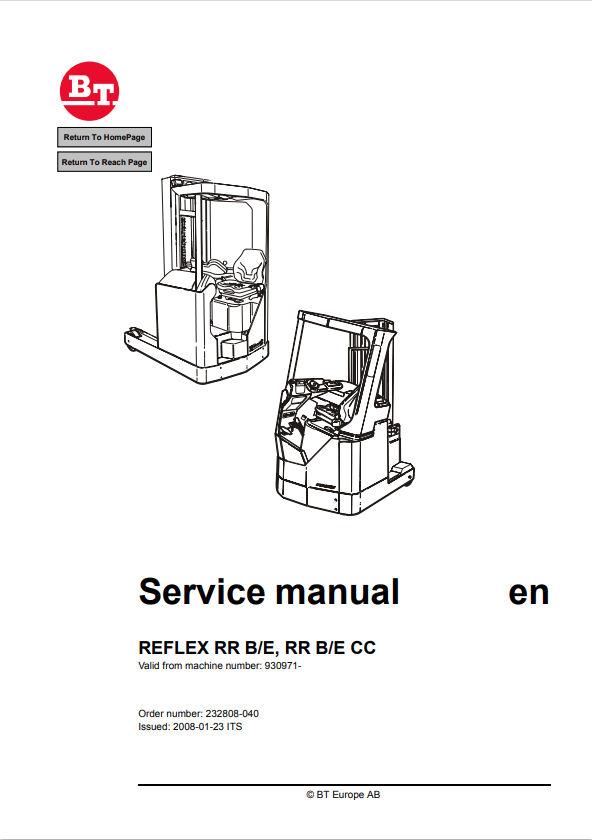 BT FORKLIFT REFLEX RR B/E, RR B/E CC SERVICE MANUAL PDF