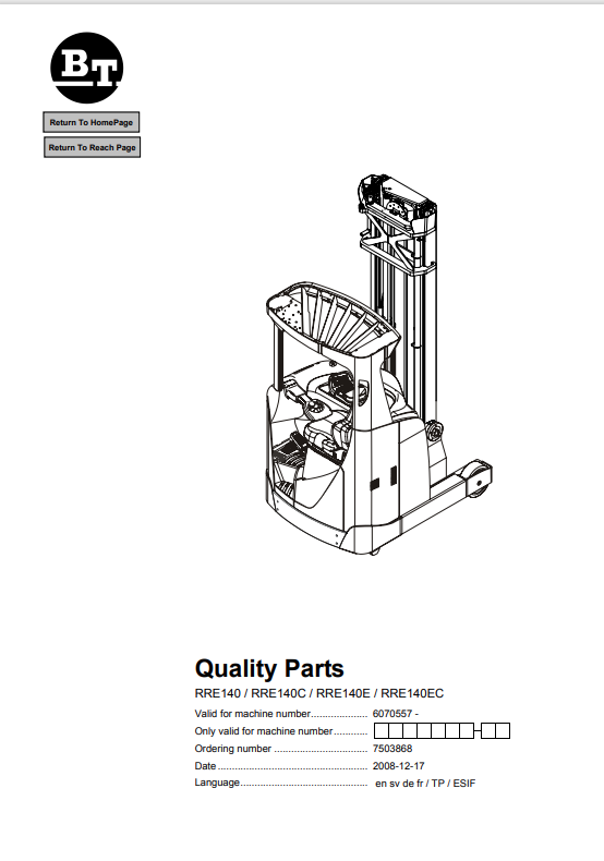 BT FORKLIFT RRE140, RRE140C, RRE140E, RRE140EC QUALITY PARTS MANUAL PDF