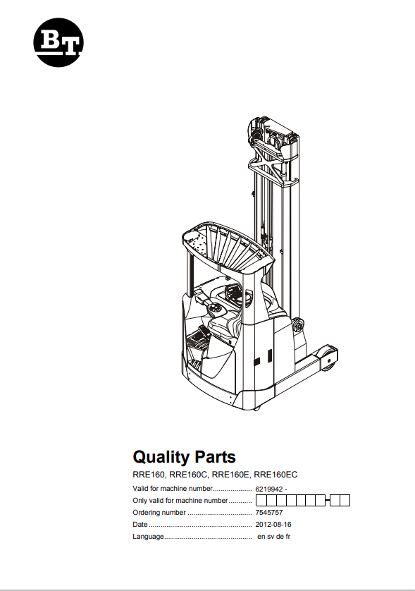 BT FORKLIFT RRE160, RRE160C, RRE160E, RRE160EC QUALITY PARTS MANUAL PDF