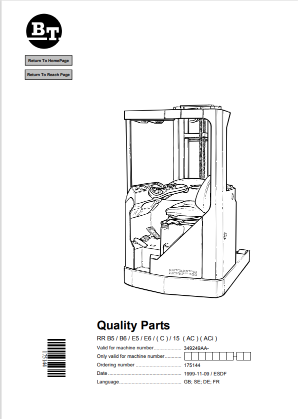 BT FORKLIFT RR B5, B6, E5, E6, (C), 15, (AC), (ACi) QUALITY PARTS MANUAL PDF