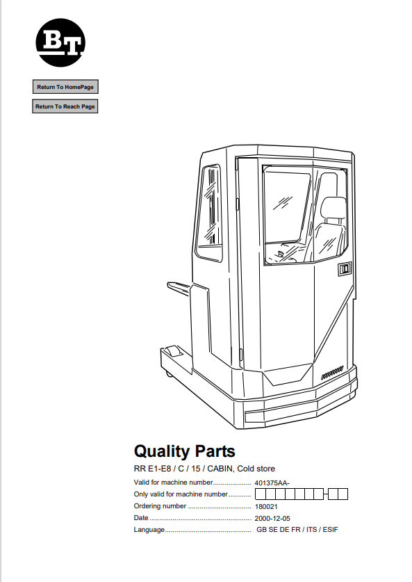 BT FORKLIFT RR E1-E8, C, 15, CABIN, COLD STORE QUALITY PARTS MANUAL PDF