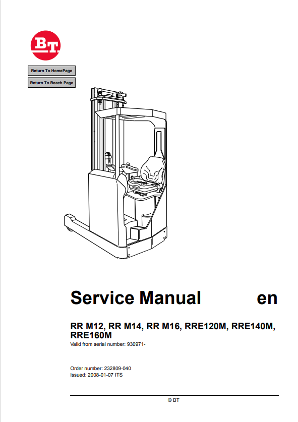 BT FORKLIFT RR M12, RR M14, RR M16, RRE120M, RRE140M, RRE160M SERVICE MANUAL PDF