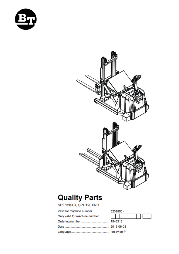 BT FORKLIFT SPE120XR, SPE120XRD QUALITY PARTS MANUAL PDF