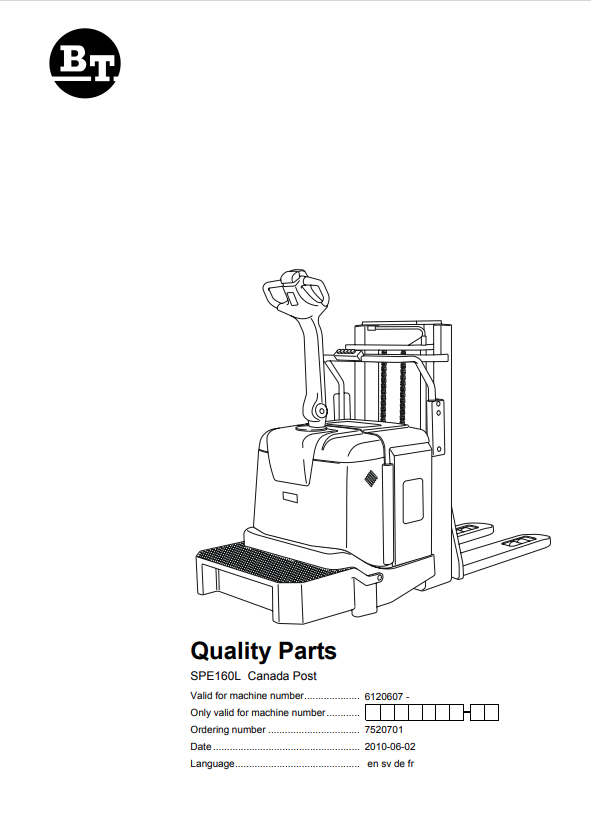 BT FORKLIFT SPE160L CANADA POST QUALITY PARTS MANUAL PDF
