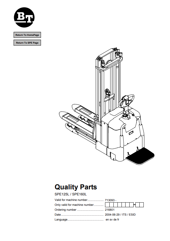 BT FORKLIFT SPE125L, SPE160L QUALITY PARTS MANUAL PDF