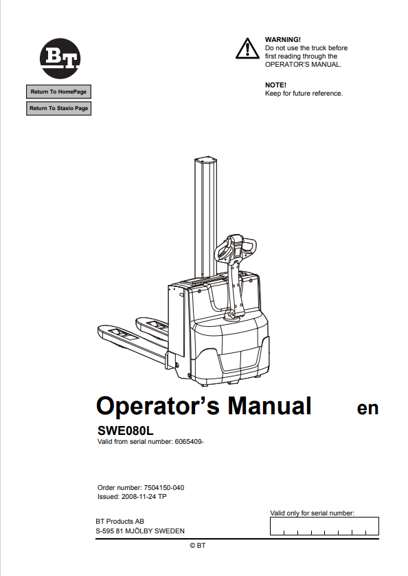 BT FORKLIFT SWE080L OPERATOR MANUAL PDF