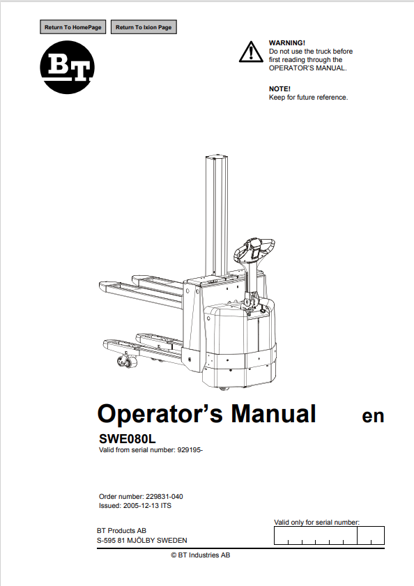 BT FORKLIFT SWE080L OPERATOR MANUAL PDF