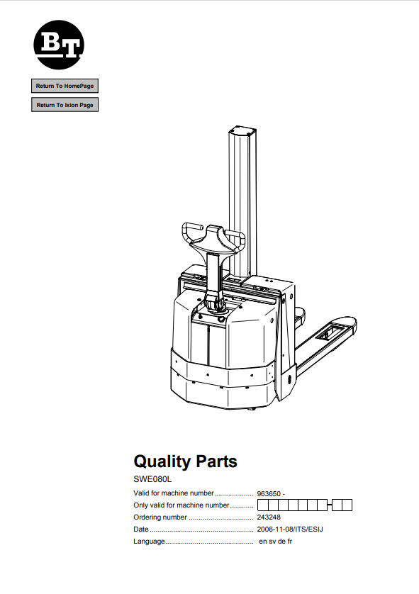 BT FORKLIFT SWE080L QUALITY PARTS MANUAL PDF