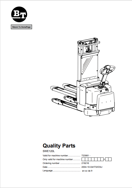 BT FORKLIFT SWE120L QUALITY PARTS MANUAL PDF