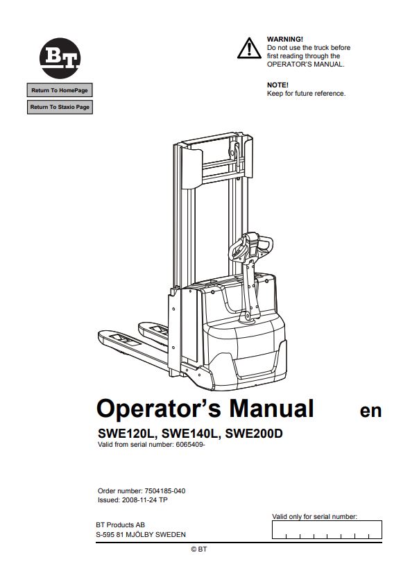 BT FORKLIFT SWE120L, SWE140L, SWE200D OPERATOR MANUAL PDF