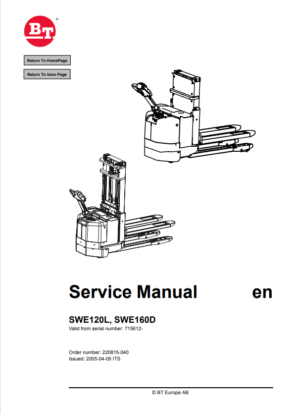 BT FORKLIFT SWE120L, SWE160D SERVICE MANUAL PDF