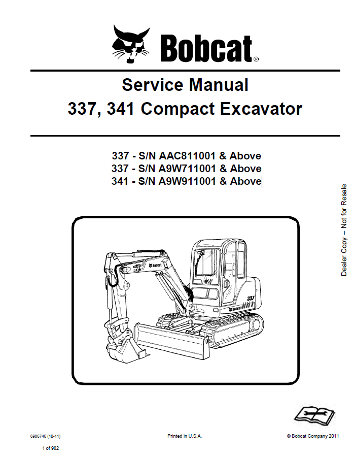 Bobcat 337, 341 Compact Excavator Service Manual PDF