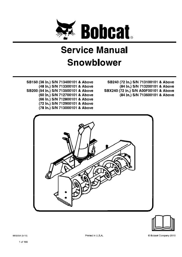 Bobcat SB150, SB200, SB240, SBX240 Snowblower Service Manual PDF