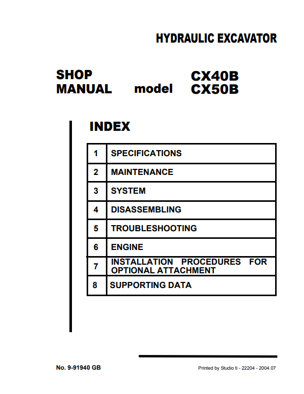 Case CX40B, CX50B Hydraulic Excavator Service Repair Manual 9-91940 PDF