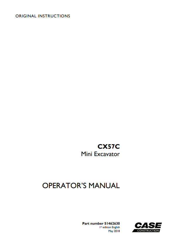 Case CX57C Mini Excavator Operator Manual 51462630 PDF