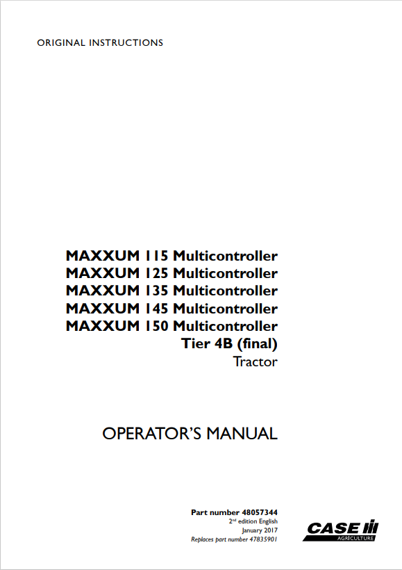 Case IH MAXXUM 115, 125, 135, 145, 150 Multi-controller Tractor Tier 4b Final Operator Manual 48057344 PDF