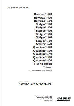 Case IH Tractor Rowtrac Steiger Quadtrac 470, 500, 540, 580, 620 Tier 4B 51461858 Operator Manual PDF