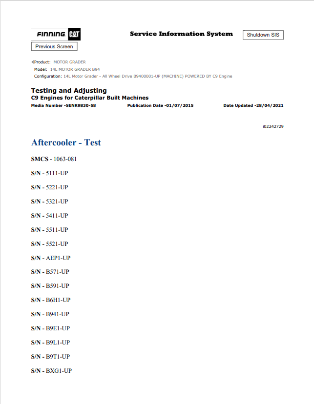 Caterpillar Cat 14L Motor Grader Service and Repair Manual PDF | S/N B94