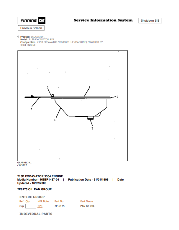 Caterpillar Cat 215B Excavator Parts Catalogue Manual PDF | S/N 9YB