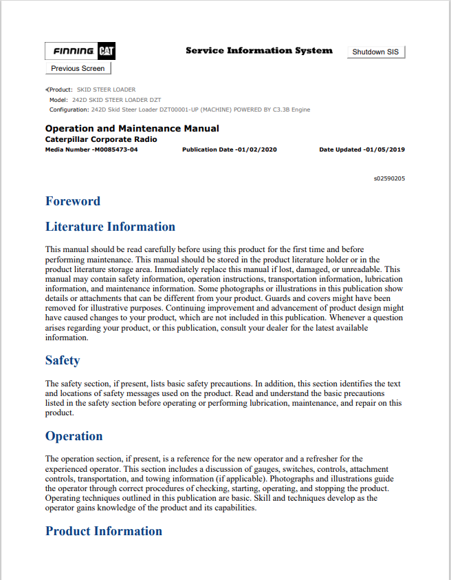 Caterpillar Cat 242D Skid Steer Loader Operation and Maintenance Manual PDF | S/N DZT