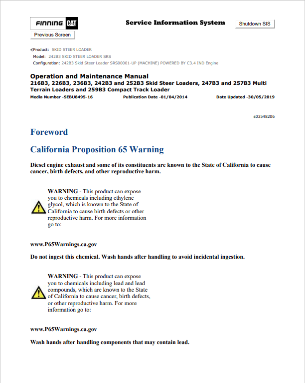 Caterpillar Cat 262D3 Skid Steer Loader Operation and Maintenance Manual PDF | S/N SRS