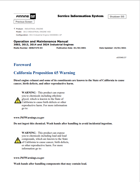 Caterpillar Cat 3013 Industrial Engine Operation And Maintenance Manual PDF | S/N 4XD