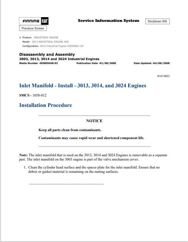 Caterpillar Cat 3013 Industrial Engine Service and Repair Manual PDF | S/N 4XD