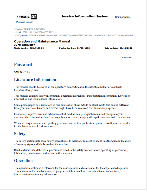 Caterpillar Cat 307B Mini HYD Excavator Operation and Maintenance Manual PDF | S/N 7DZ