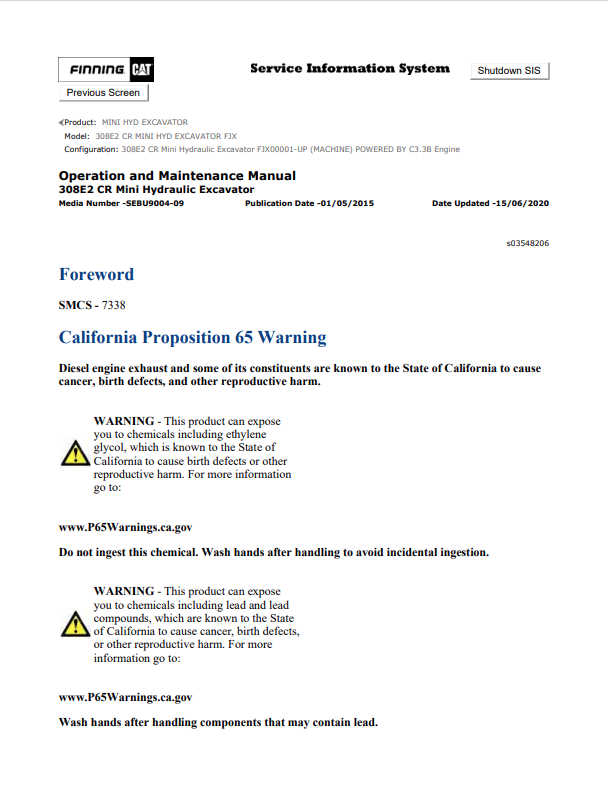 Caterpillar Cat 308E2 CR Mini HYD Excavator Operation and Maintenance Manual PDF | S/N FJX