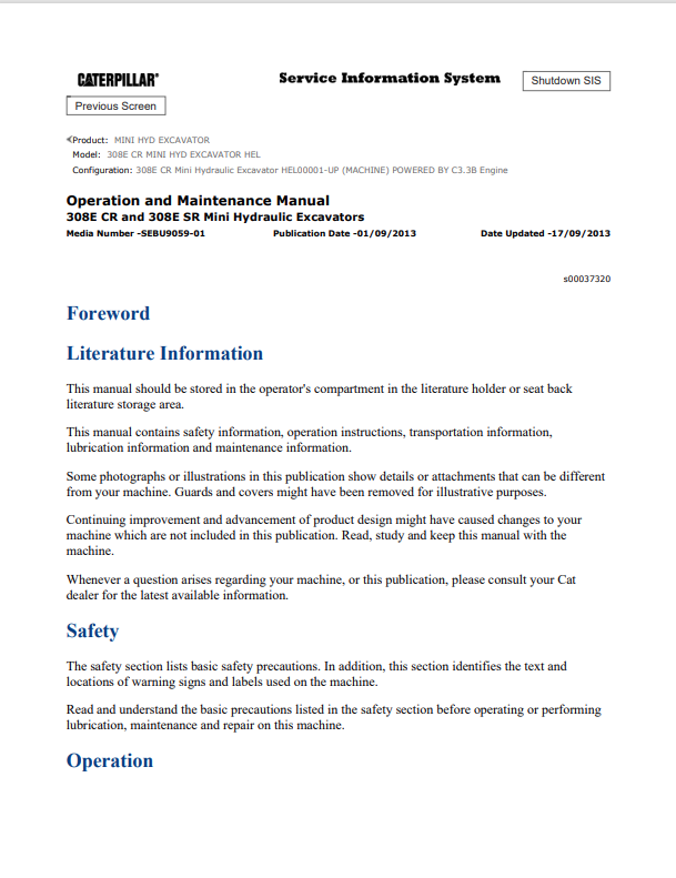 Caterpillar Cat 308E CR Mini HYD Excavator Operation and Maintenance Manual PDF | S/N HEL