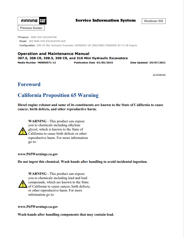 Caterpillar Cat 309 Mini HYD Excavator Operation and Maintenance Manual PDF | S/N GG9