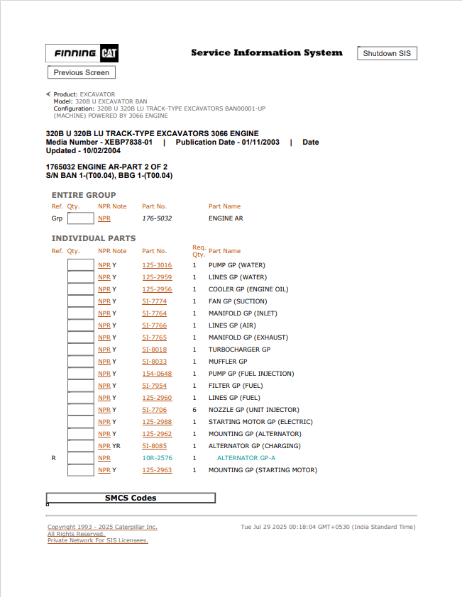 Caterpillar Cat 320B U Excavator Parts Catalogue Manual PDF | S/N 8GZ, BAN