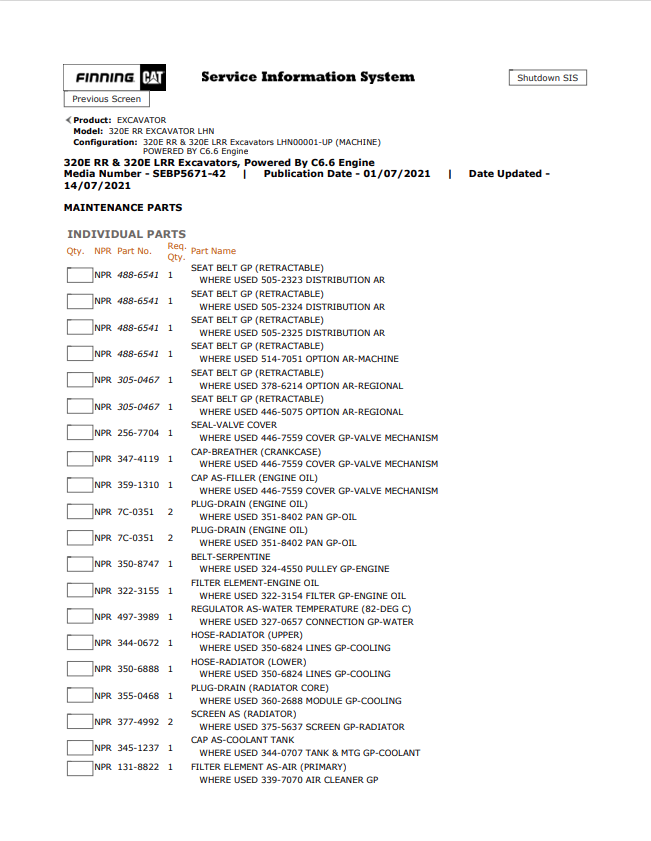 Caterpillar Cat 320E RR Excavator Parts Catalogue Manual PDF | S/N LHN