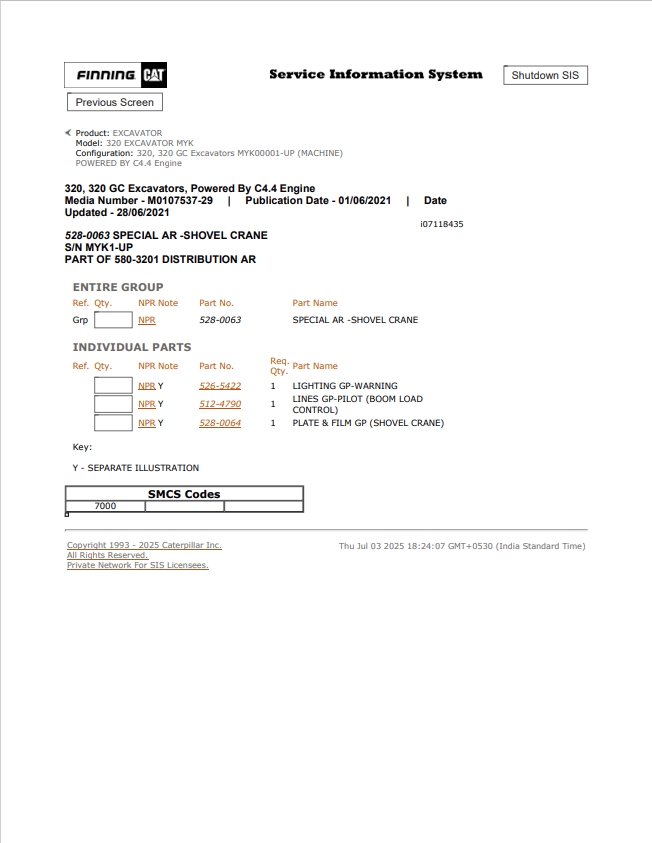 Caterpillar Cat 320 Excavator Parts Catalogue Manual PDF | S/N MYK