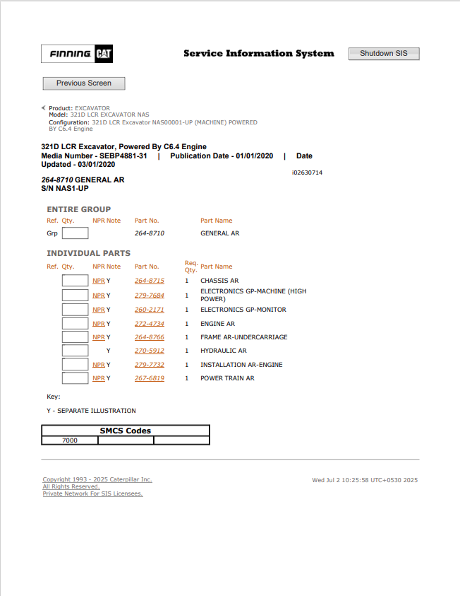 Caterpillar Cat 321D LCR Excavator Parts Catalogue Manual PDF | S/N NAS