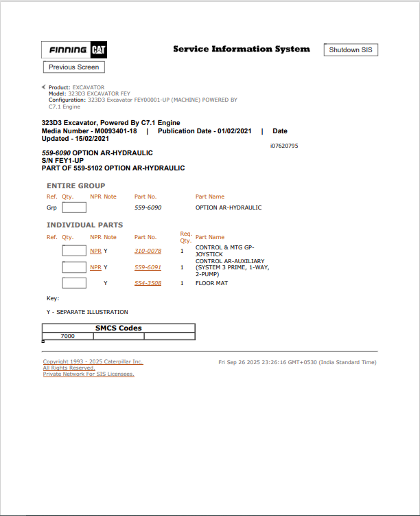 Caterpillar Cat 323D3 Excavator Parts Catalogue Manual PDF | S/N FEY