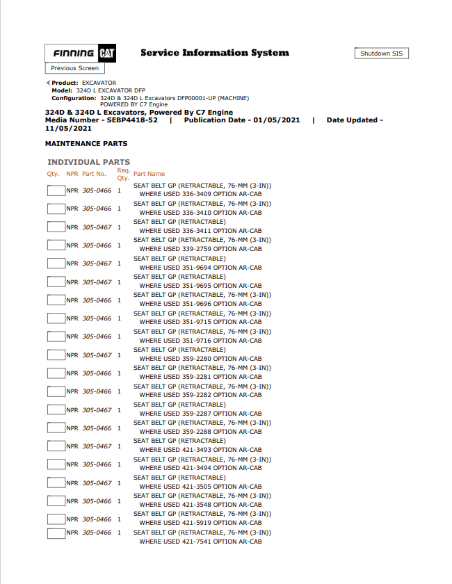 Caterpillar Cat 324D, 324D L Excavator Parts Catalogue Manual PDF | S/N DFP00001