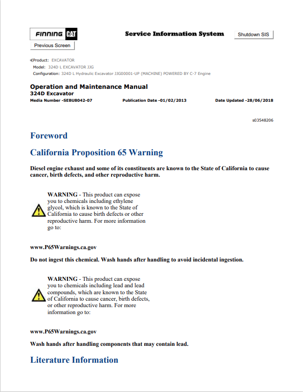 Caterpillar Cat 324D L Excavator Operation and Maintenance Manual PDF | S/N JJG